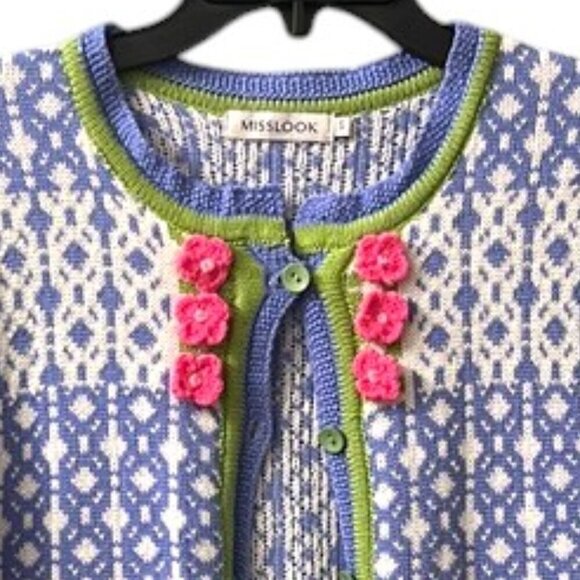 Misslook Light Blue Multi Pattern Button Down Knit Cardigan Sweater NWOT Small - Picture 4 of 10